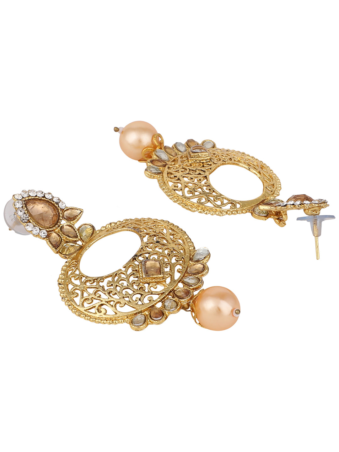 Women's Gold Tone Contemporary LCT Stone and Pearl Brass Chandbali Earring - Anikas Creation