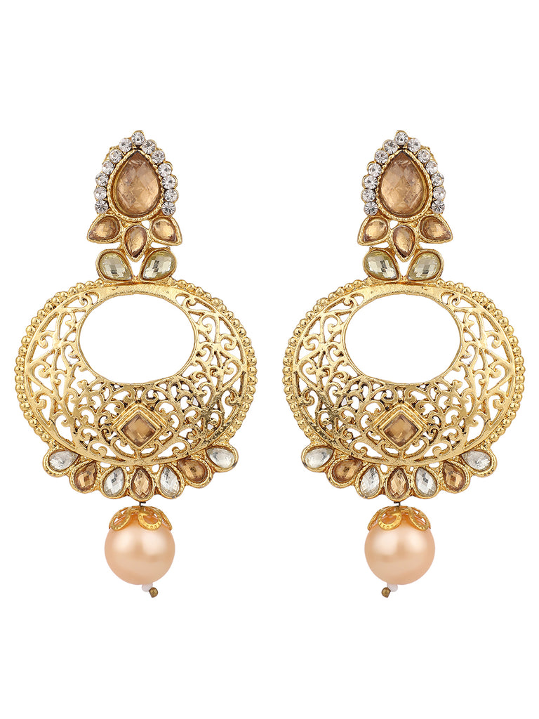 Women's Gold Tone Contemporary LCT Stone and Pearl Brass Chandbali Earring