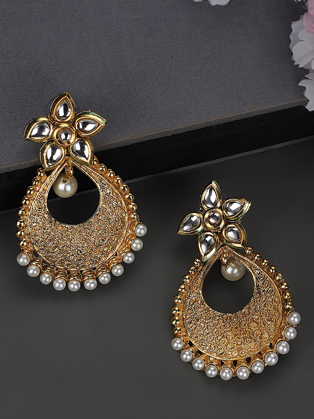 Women's Gold Plated and Selfdesign Traditional Stone and pearl Chandbali Earring - Anikas Creation