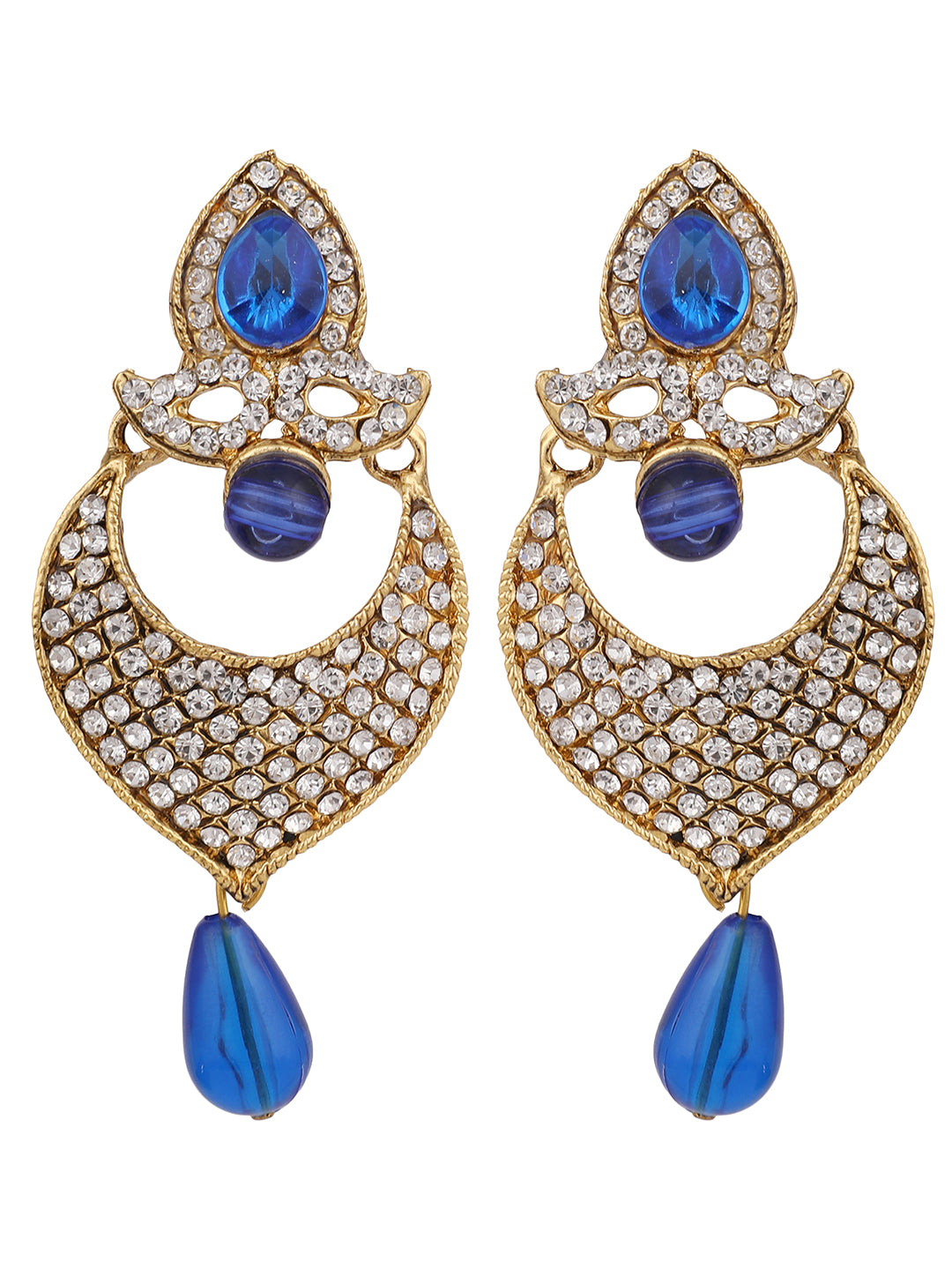 Women's Gold-Toned Blue Stone & Pearl Studded Contemporary Chandbalis - Anikas Creation