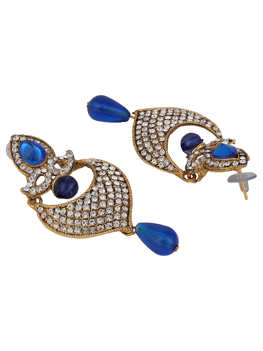 Women's Gold-Toned Blue Stone & Pearl Studded Contemporary Chandbalis - Anikas Creation