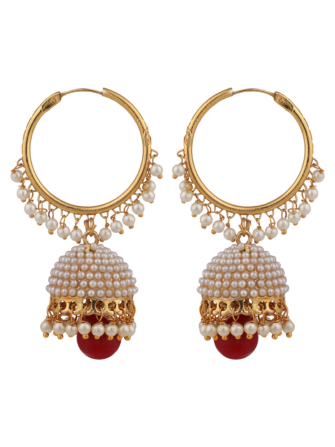 Women's Off-White Pearl Maroon Gold Plated Hoop with Jhumka Earring - Anikas Creation
