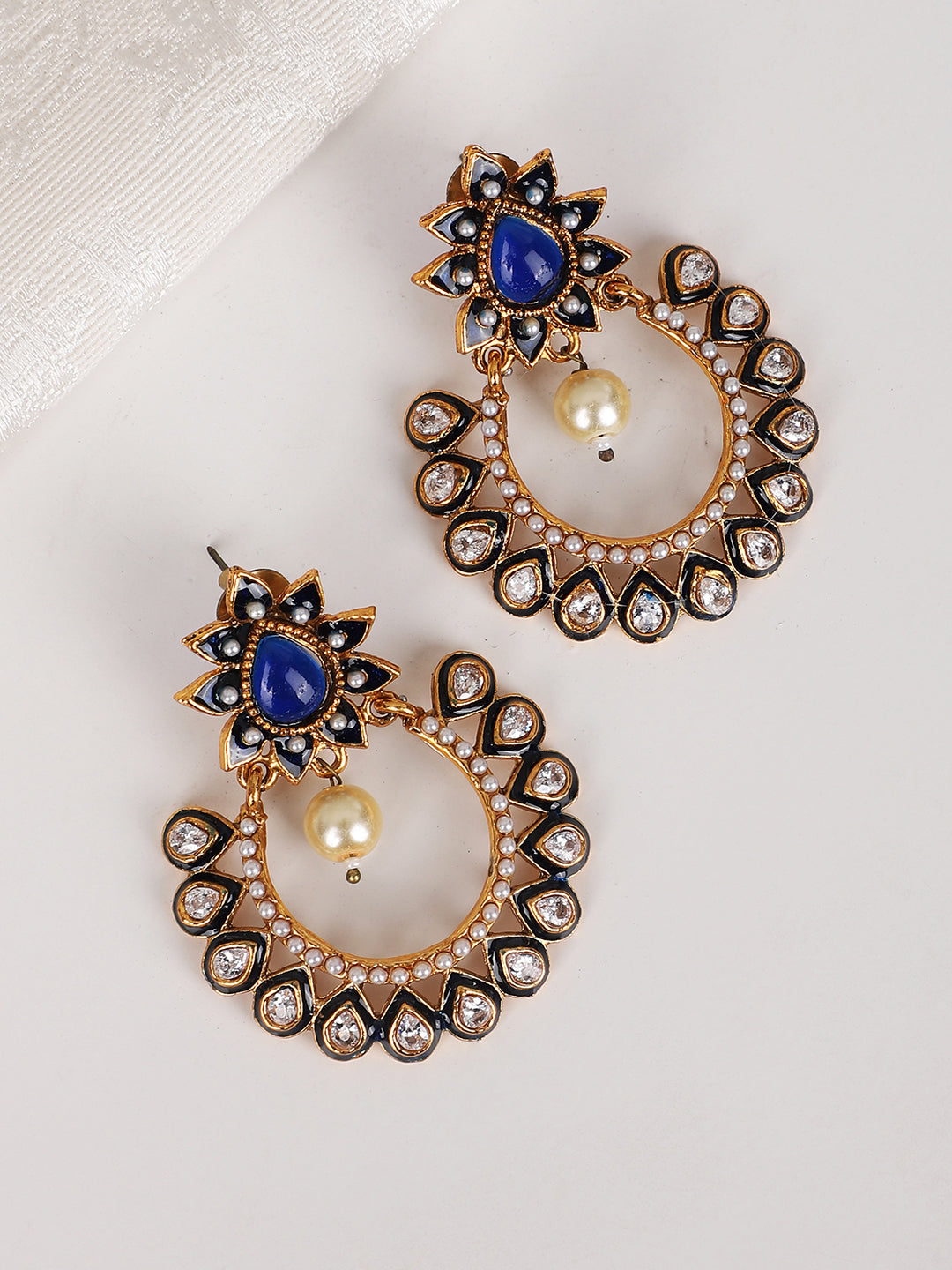 Women's Gold Plated Meenakari Blue Stone and Pearl Chandbali Earring - Anikas Creation