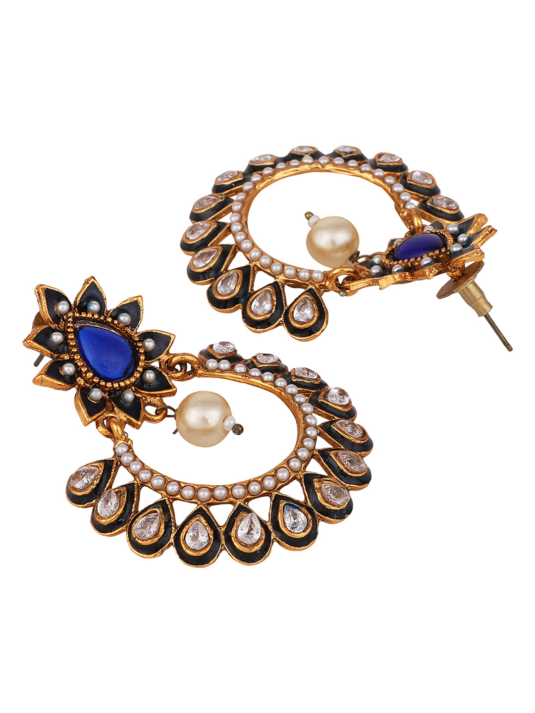 Women's Gold Plated Meenakari Blue Stone and Pearl Chandbali Earring - Anikas Creation
