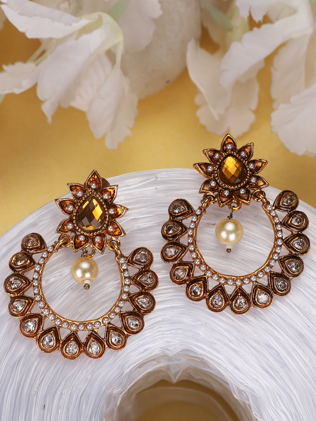Women's Gold Plated Meenakari Brown Stone and Pearl Chandbali Earring - Anikas Creation