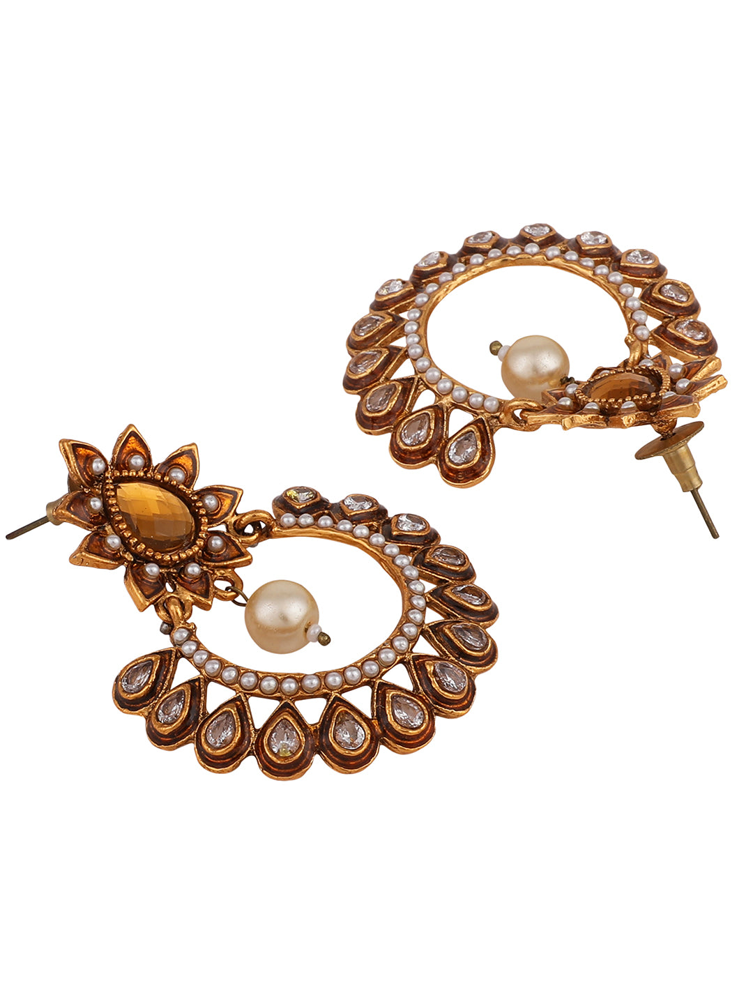 Women's Gold Plated Meenakari Brown Stone and Pearl Chandbali Earring - Anikas Creation