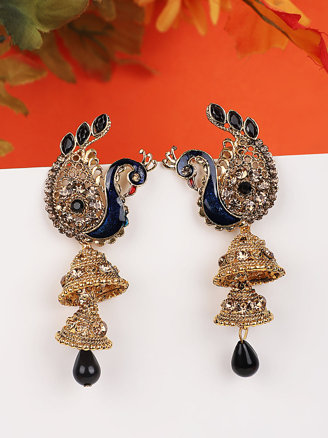 Women's Traditional Peacock Shape Blue Stone Studded 2 Floor Jhumka Earring - Anikas Creation