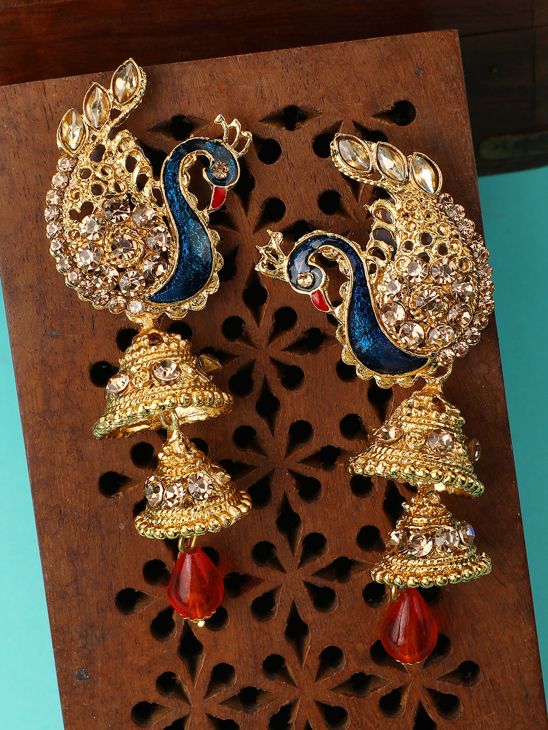 Women's Traditional Peacock Shape LCT Stone Studded 2 Floor Jhumka Earring - Anikas Creation