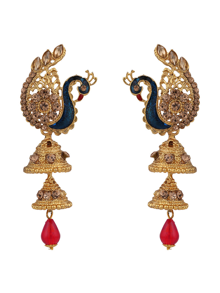 Women's Traditional Peacock Shape LCT Stone Studded 2 Floor Jhumka Earring