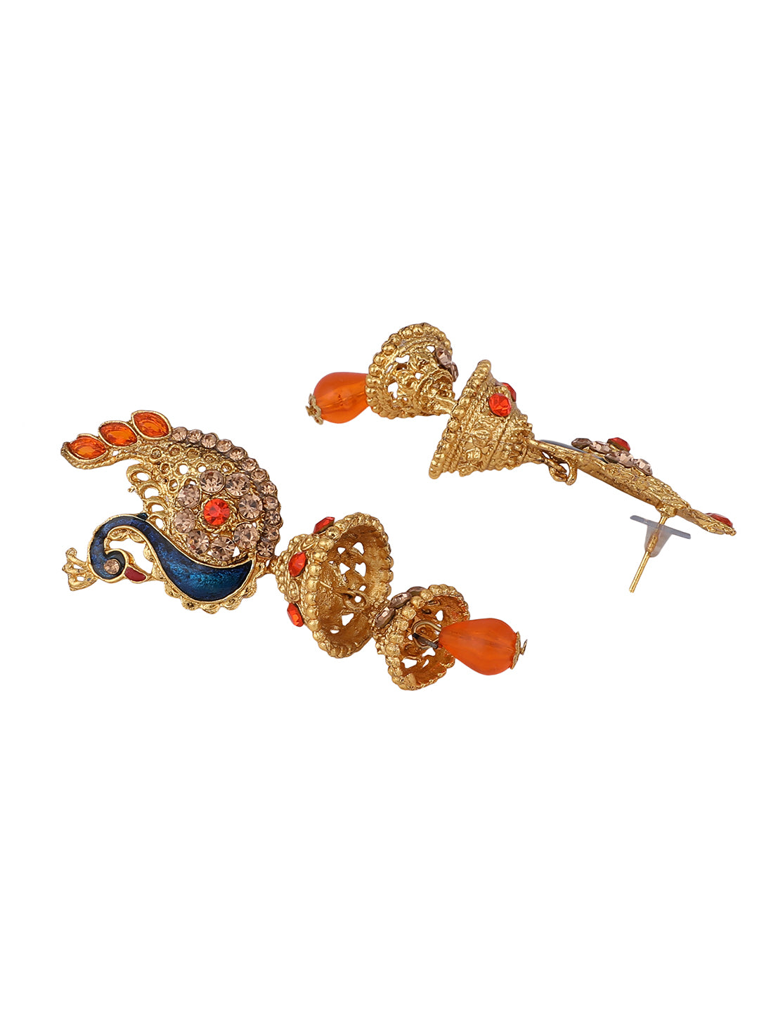 Women's Traditional Peacock Shape Orange Stone Studded 2 Floor Jhumka Earring - Anikas Creation