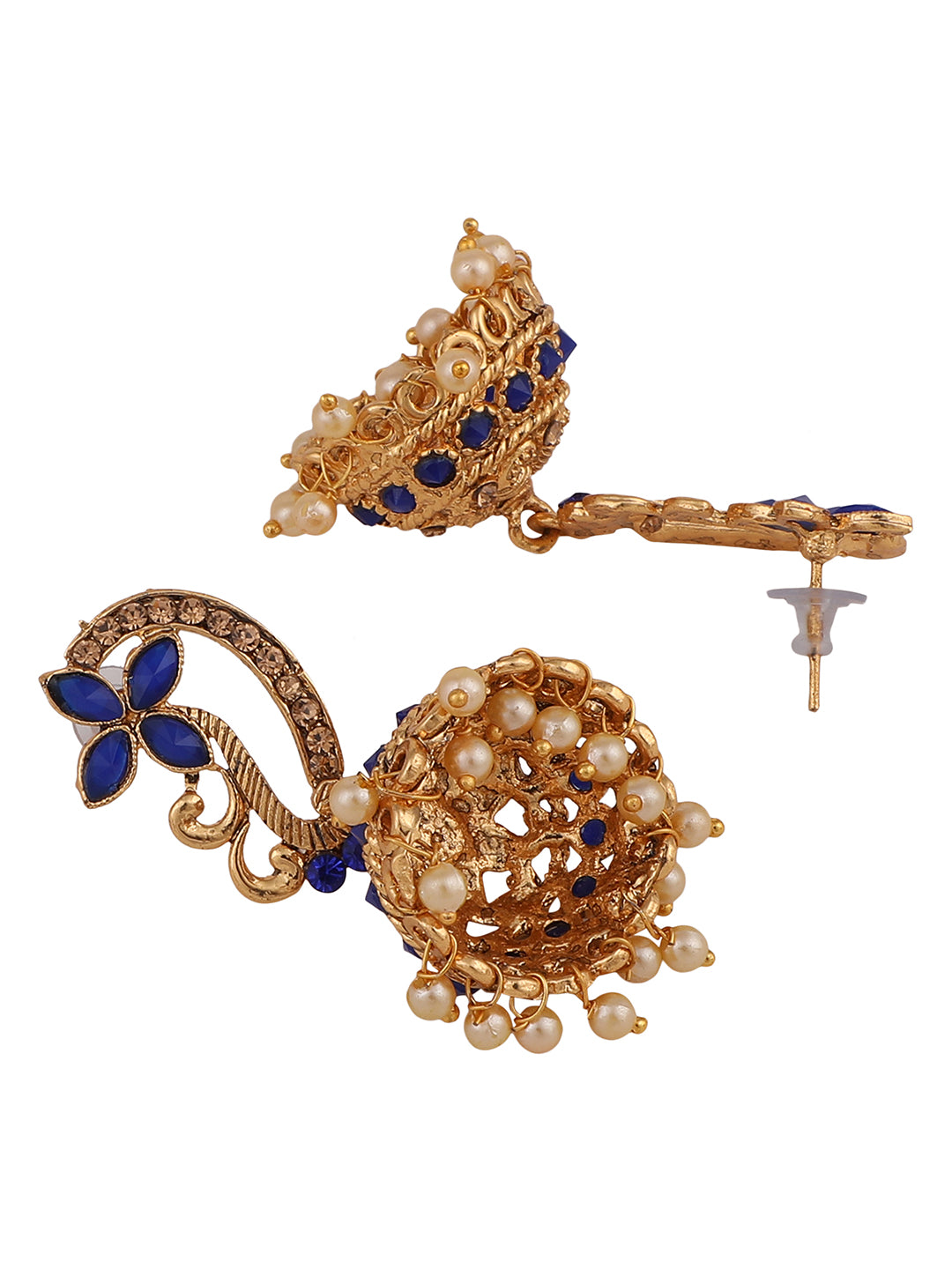 Women's Gold Tone Floral Shaped Stylish Blue Stone Studded Jhumka Earring - Anikas Creation