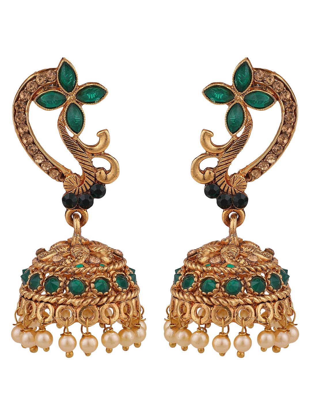 Women's Gold Tone Floral Shaped Stylish Green Stone Studded Jhumka Earring - Anikas Creation