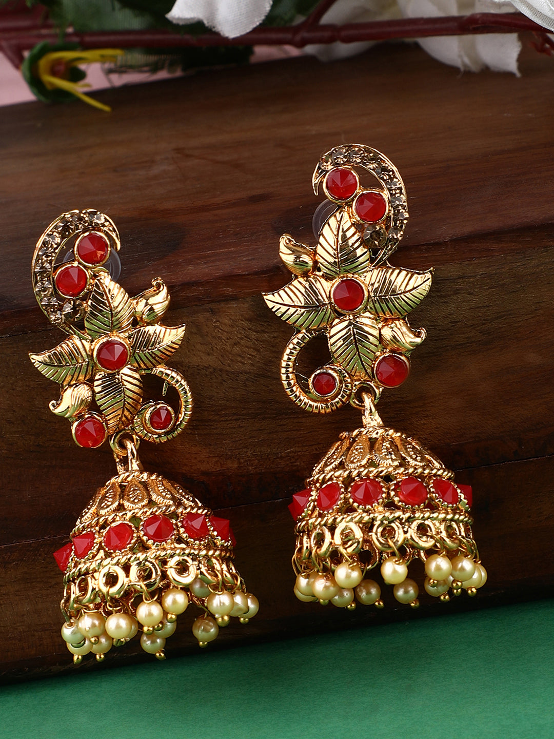 Women's Red Stone Studded Floral Shape Brass Gold Plated Jhumka Earring - Anikas Creation