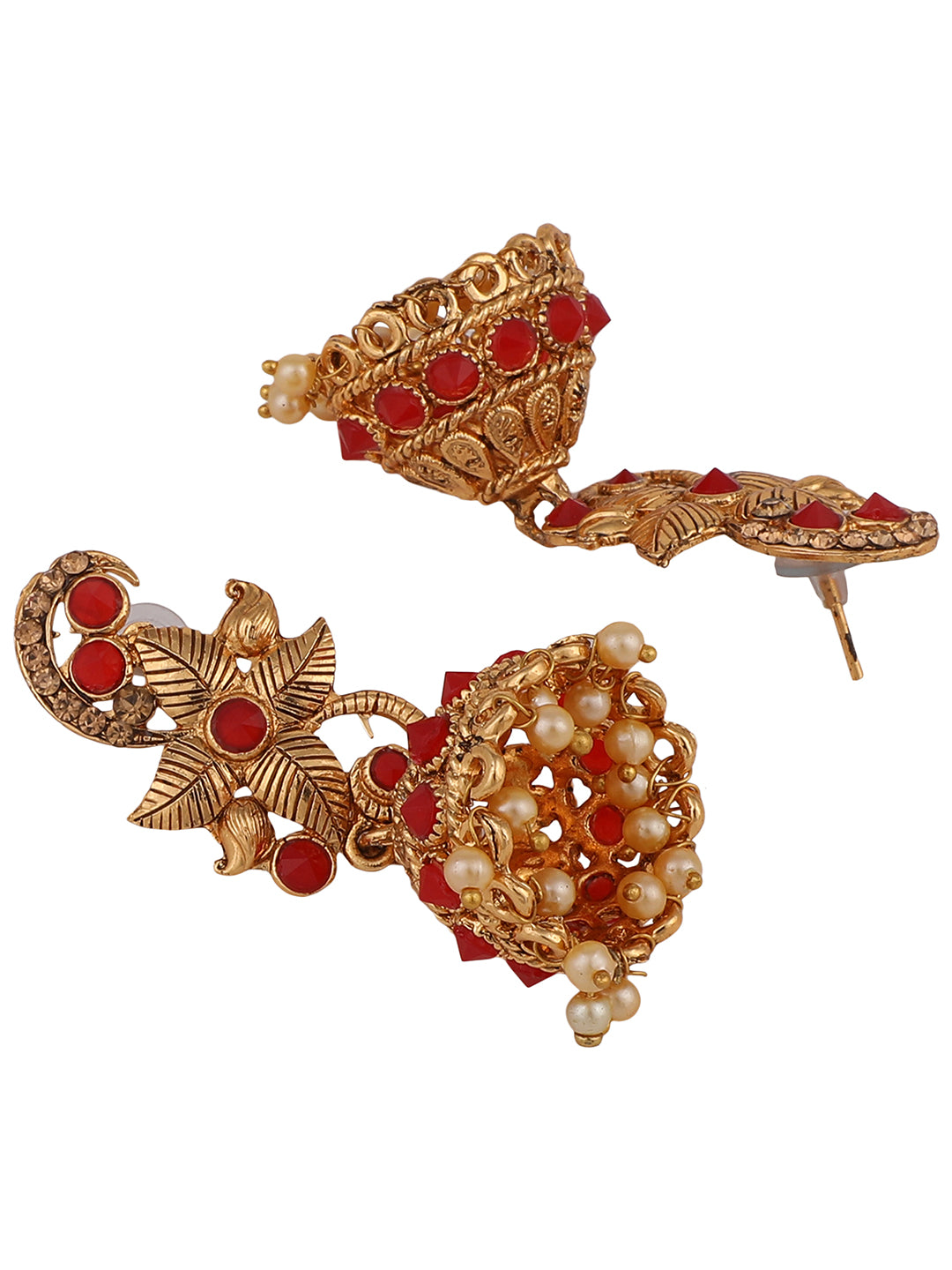 Women's Red Stone Studded Floral Shape Brass Gold Plated Jhumka Earring - Anikas Creation