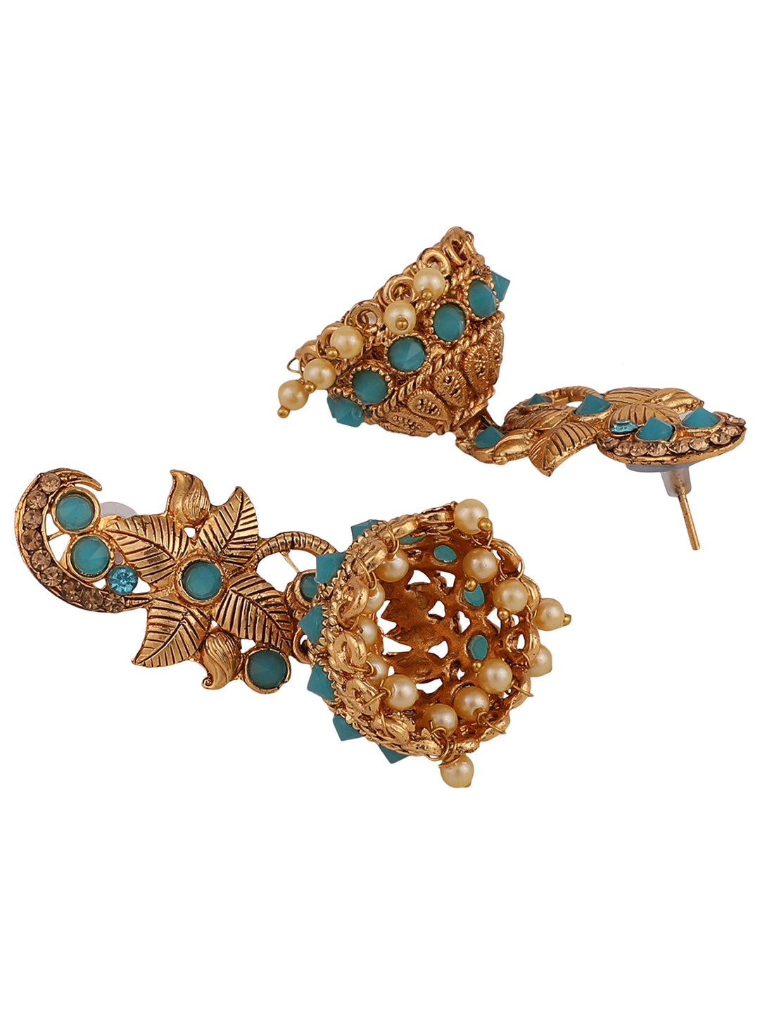 Women's Mint Stone Studded Floral Shape Brass Gold Plated Jhumka Earring - Anikas Creation