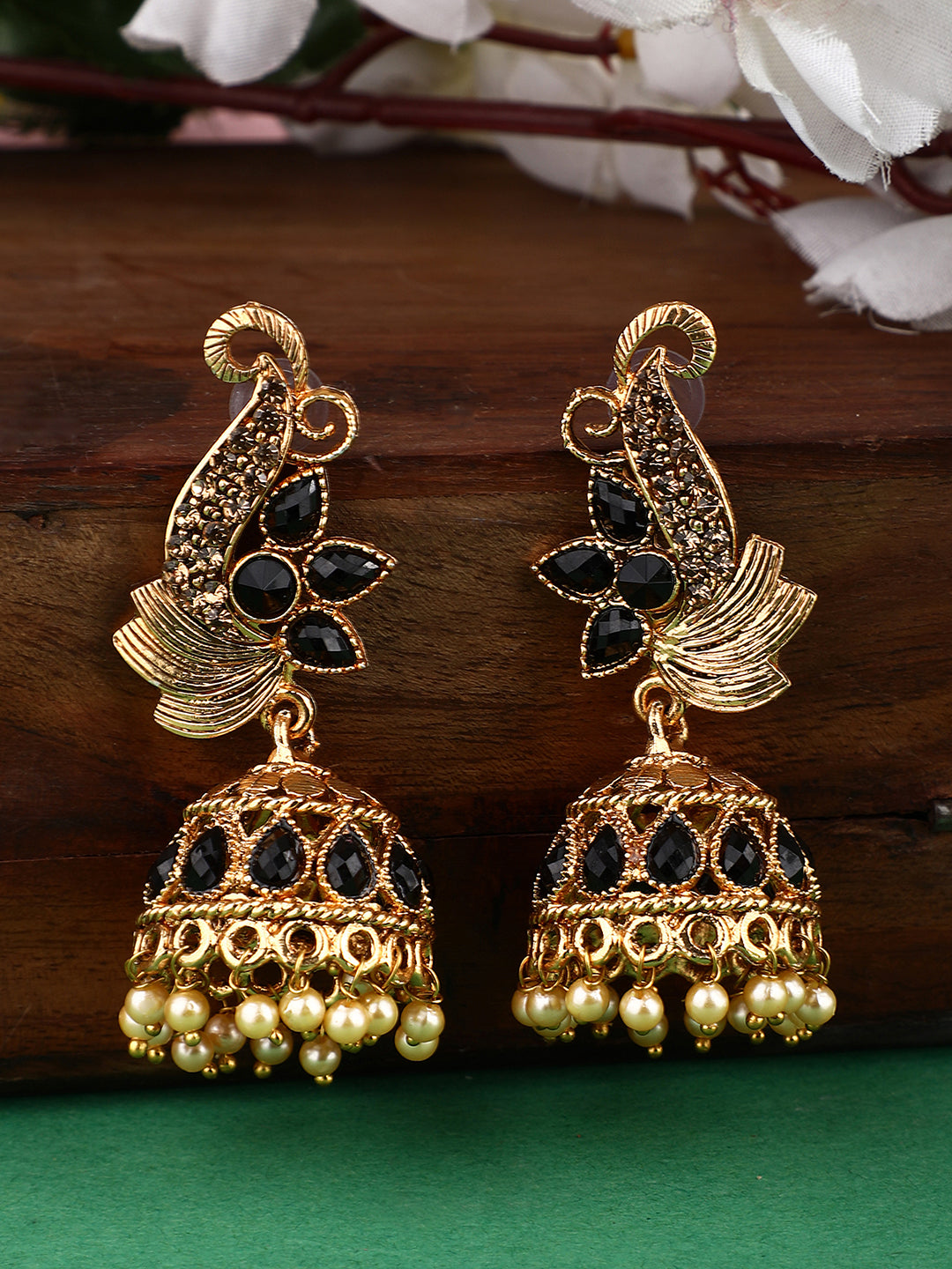 Women's Floral Shaped Stylish Gold Plated Black Stone Studded Jhumka Earring - Anikas Creation