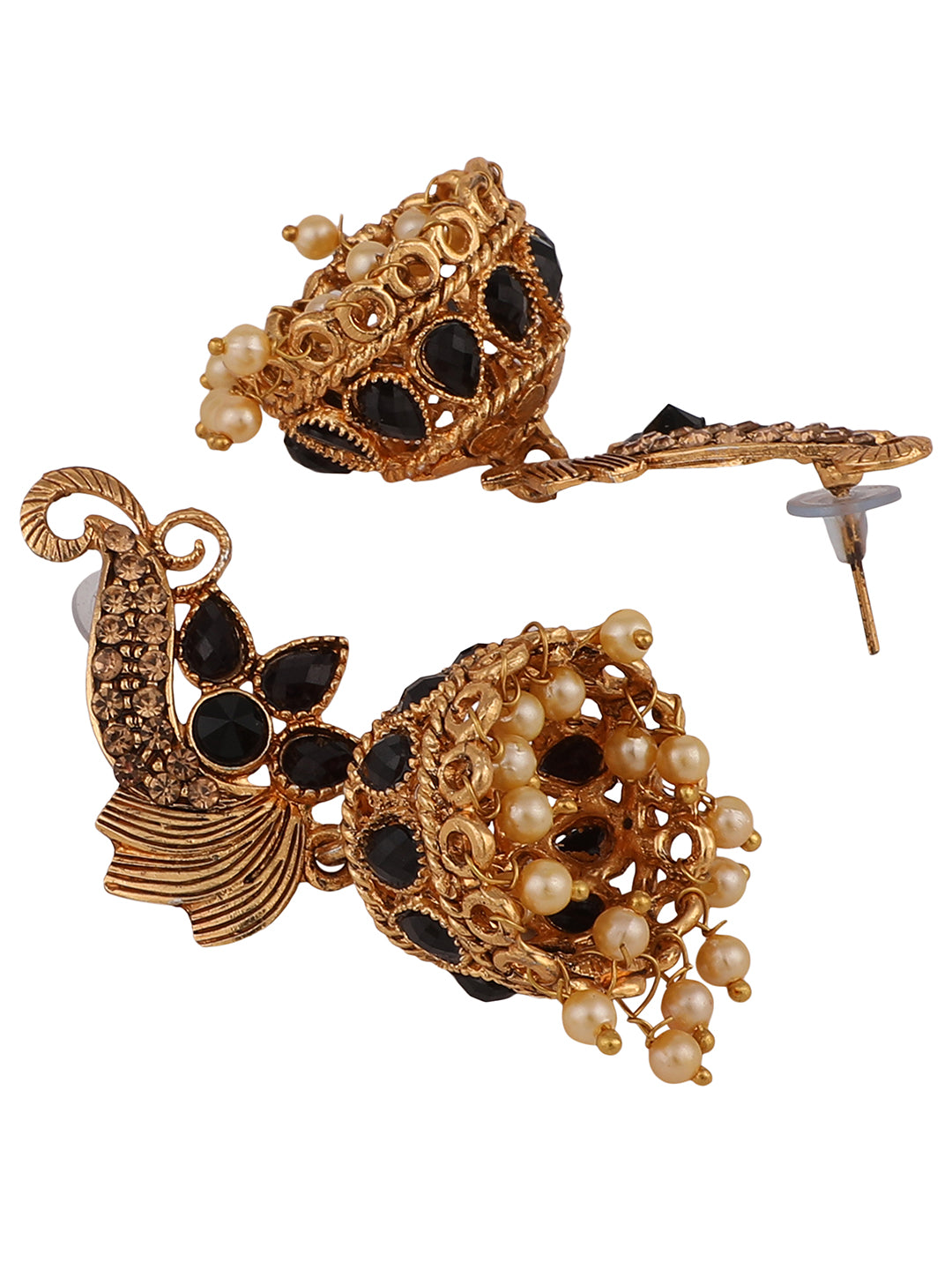 Women's Floral Shaped Stylish Gold Plated Black Stone Studded Jhumka Earring - Anikas Creation