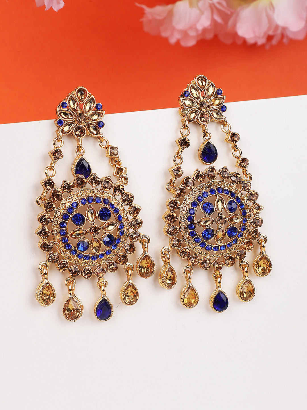 Women's Blue Gold Plated Cubic Zirconia Floral Shape Chandbali Earring - Anikas Creation