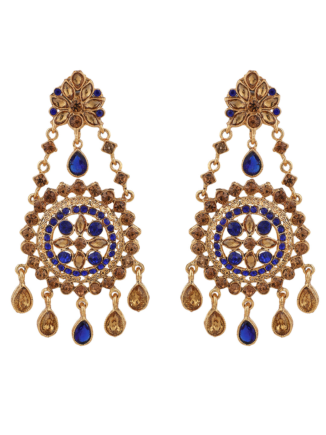 Women's Blue Gold Plated Cubic Zirconia Floral Shape Chandbali Earring - Anikas Creation