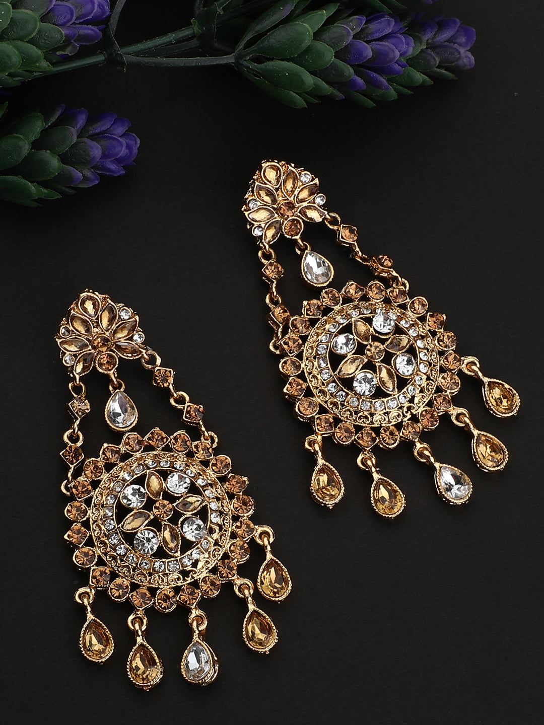 Women's LCT Gold Plated Cubic Zirconia Floral Shape Chandbali Earring - Anikas Creation