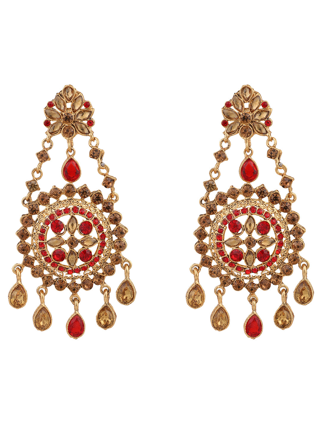 Women's Red Gold Plated Cubic Zirconia Floral Shape Chandbali Earring - Anikas Creation