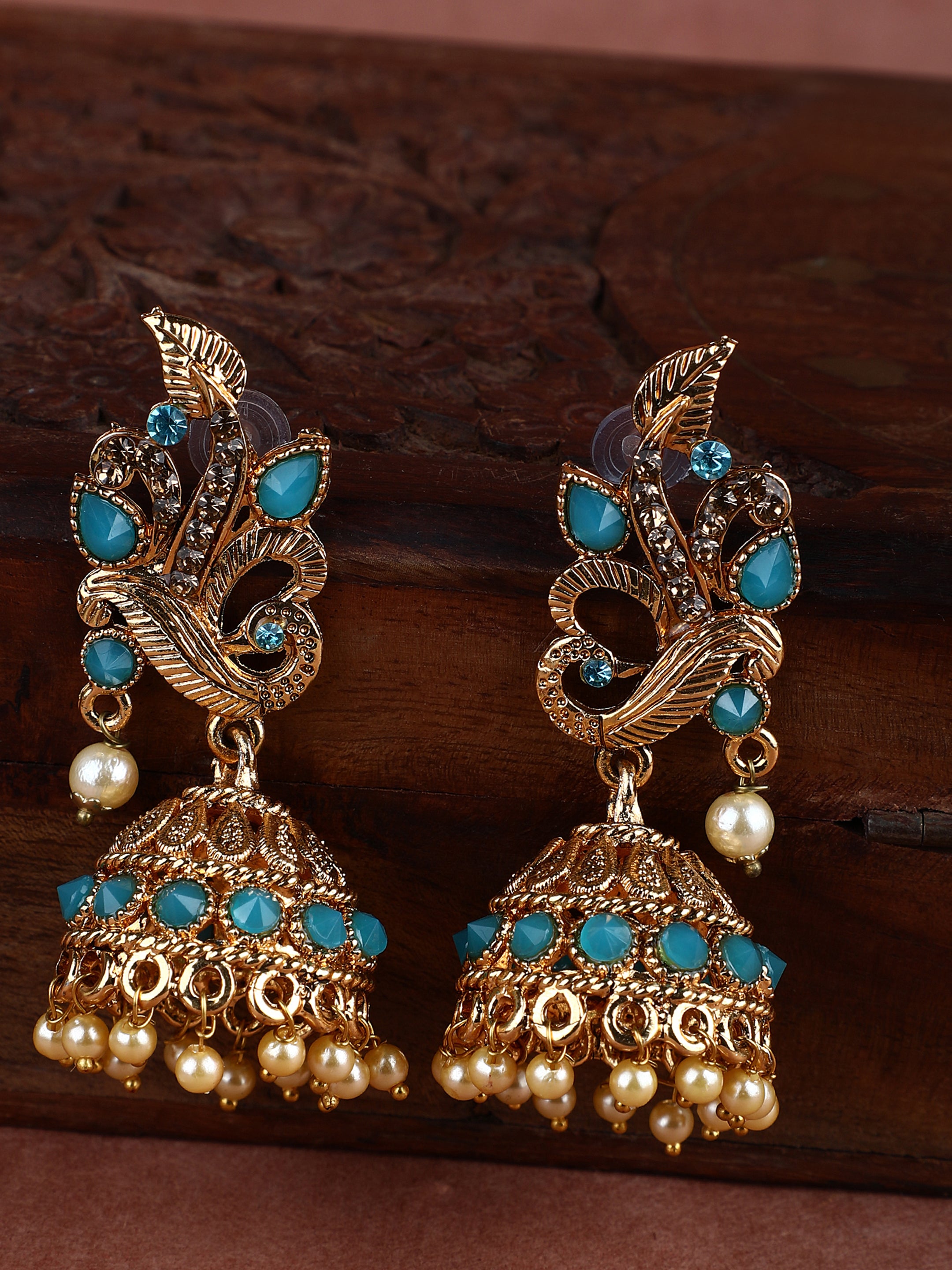 Women's Gold Tone Traditional Brass Turquoise Stone Studded Jhumka/Jhumki - Anikas Creation