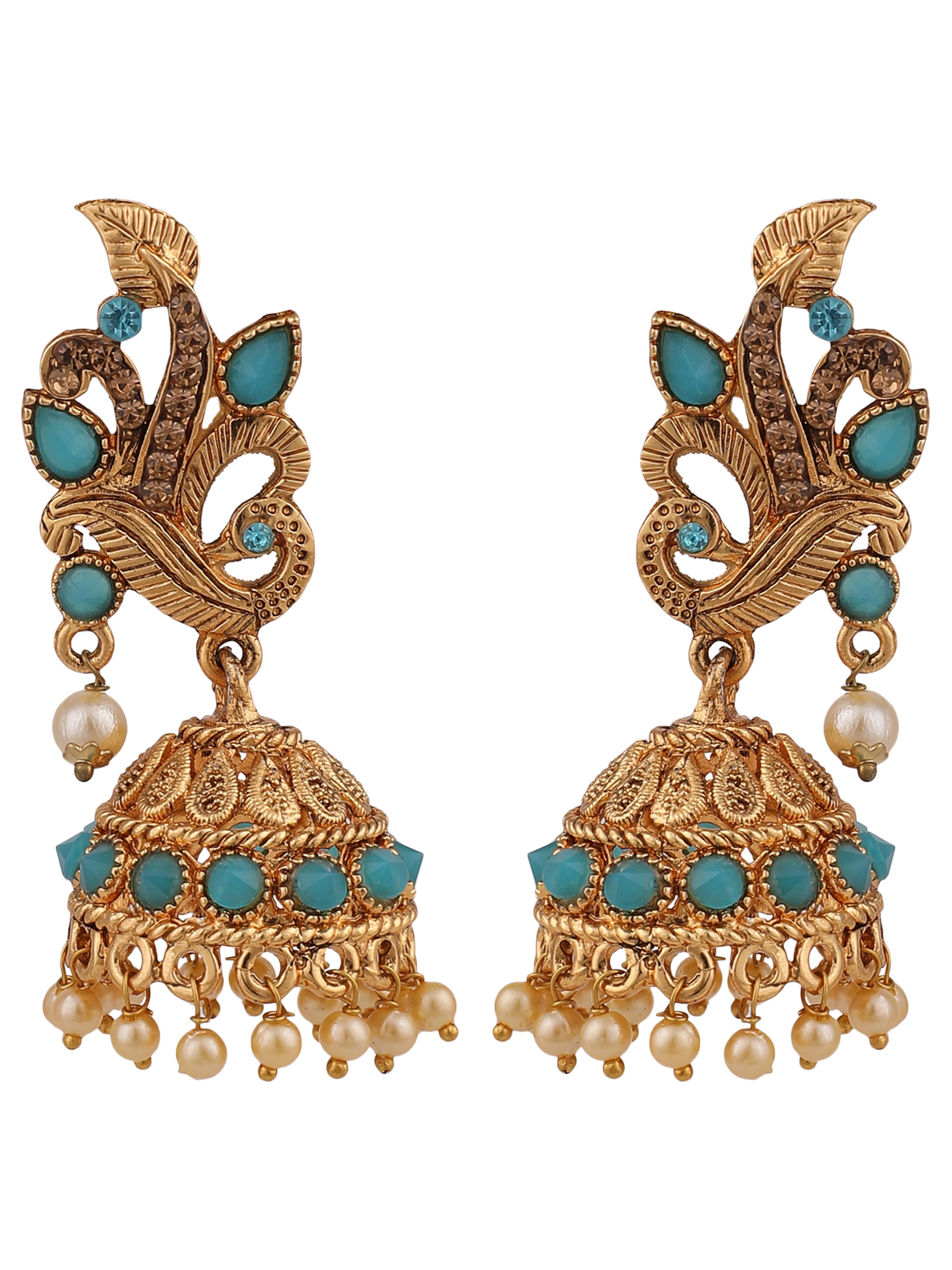 Women's Gold Tone Traditional Brass Turquoise Stone Studded Jhumka/Jhumki - Anikas Creation