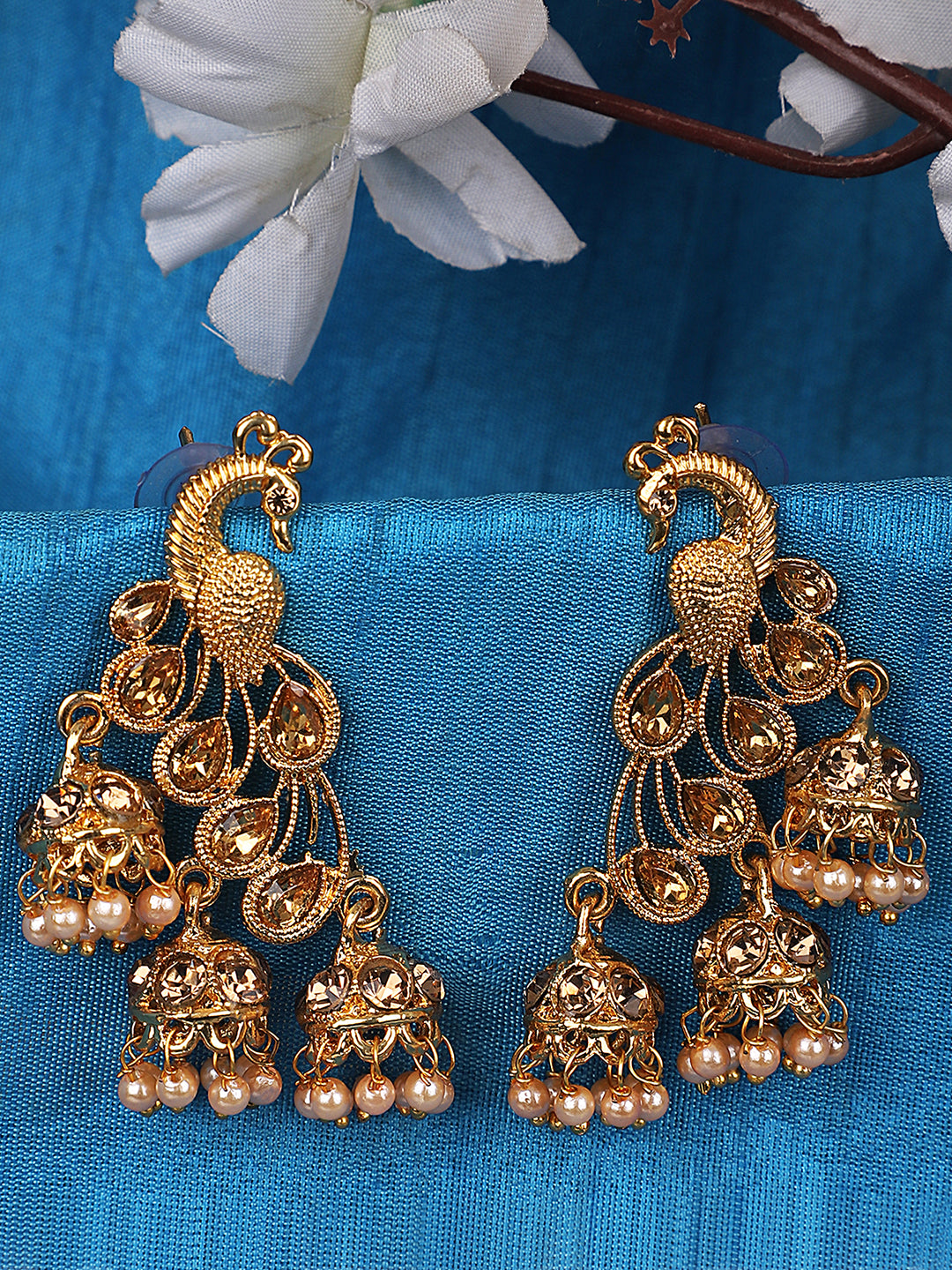Women's Gold Plated Traditional Brass Peacock Cubic Zirconia 3 Jhumki Earring - Anikas Creation