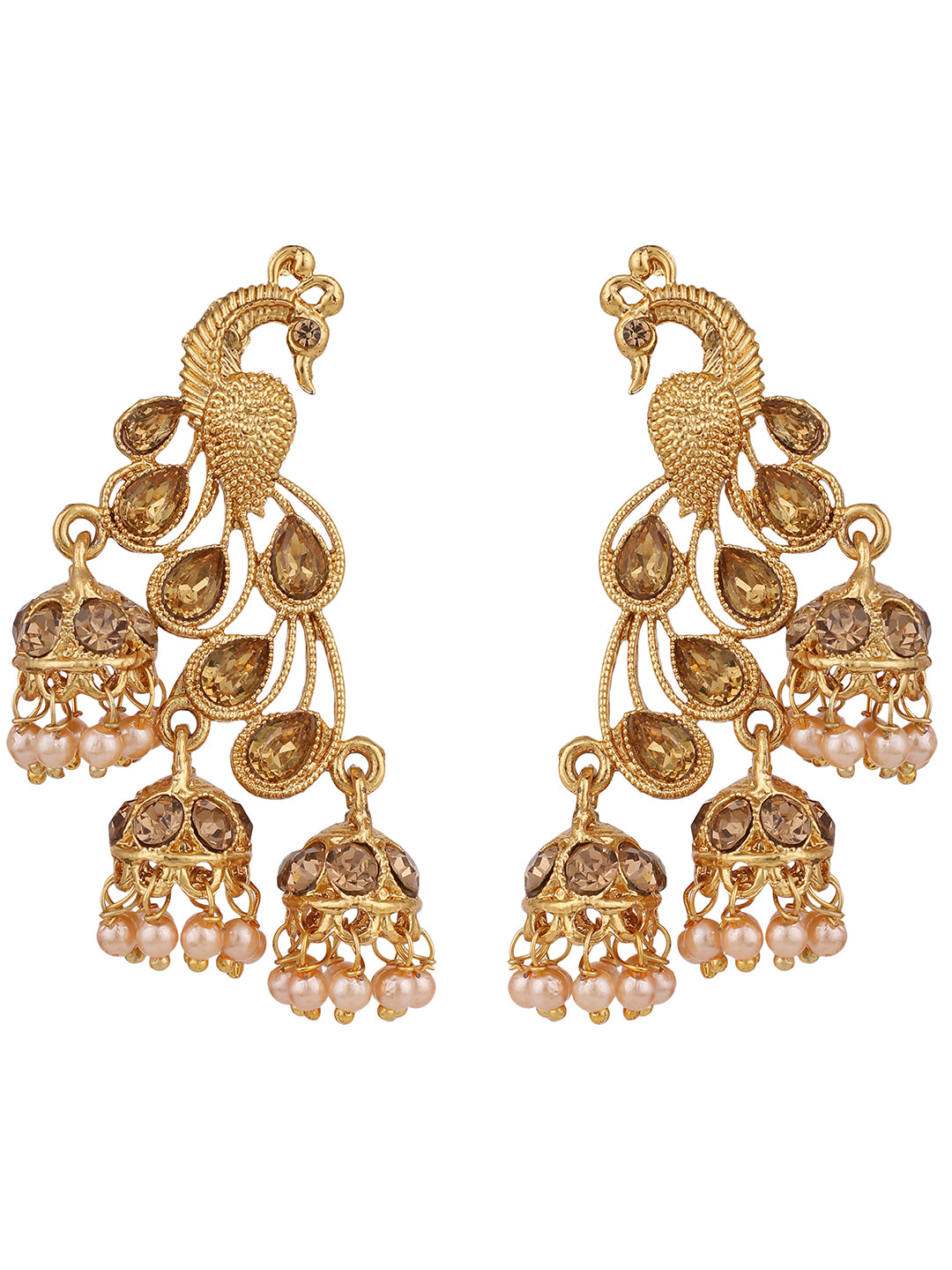 Women's Gold Plated Traditional Brass Peacock Cubic Zirconia 3 Jhumki Earring - Anikas Creation