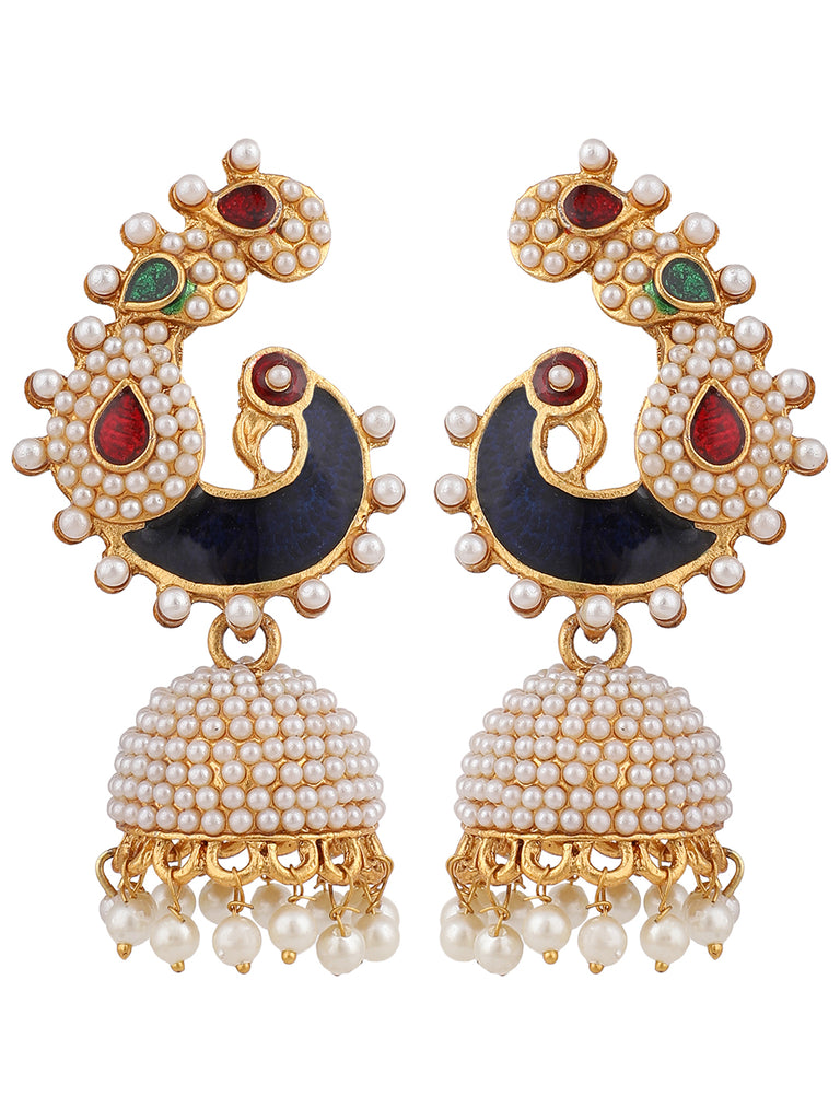 Women's Off-White Peacock Traditional Pearl and Meenakari Brass Jhumka Earring