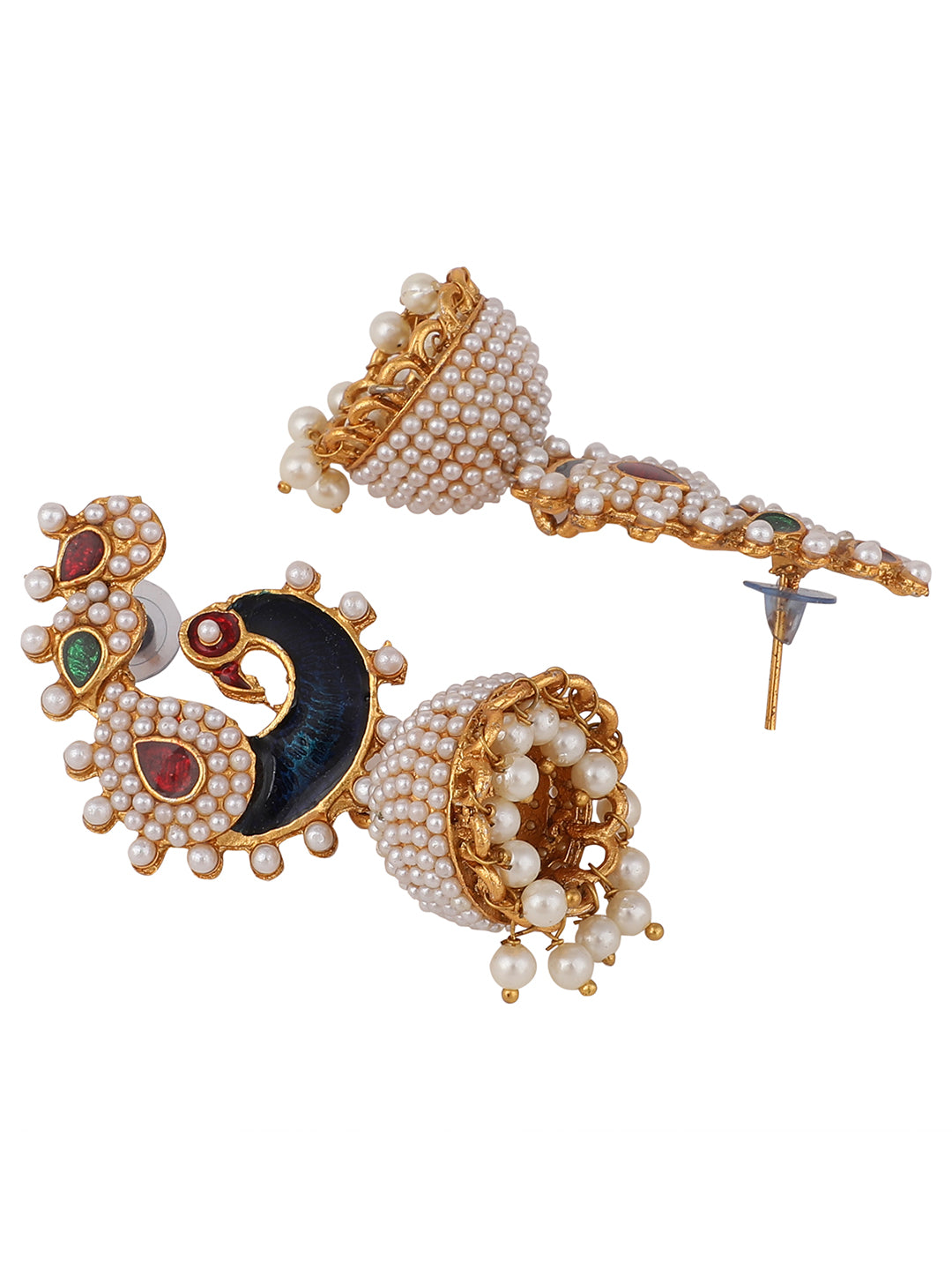 Women's Off-White Peacock Traditional Pearl and Meenakari Brass Jhumka Earring - Anikas Creation