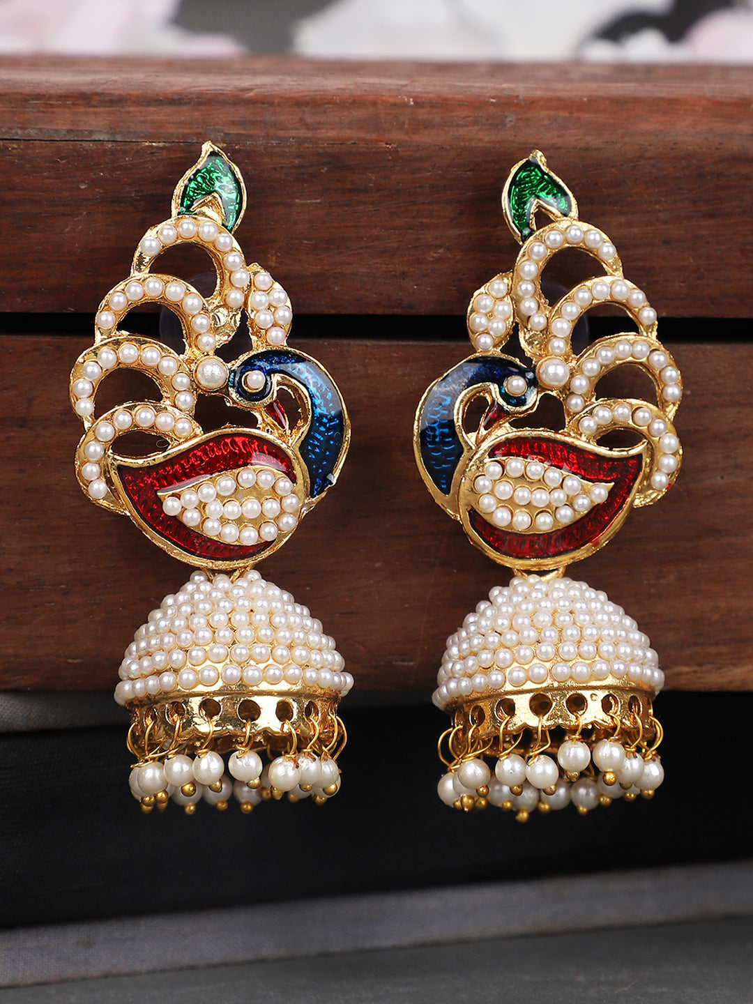 Women's Off-White & Multicolour Meenakari Pearcock Pearl Traditional Brass jhumka Earring - Anikas Creation