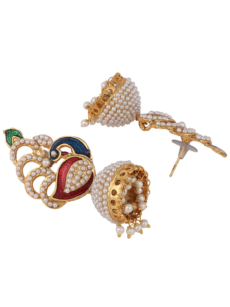 Women's Off-White & Multicolour Meenakari Pearcock Pearl Traditional Brass jhumka Earring