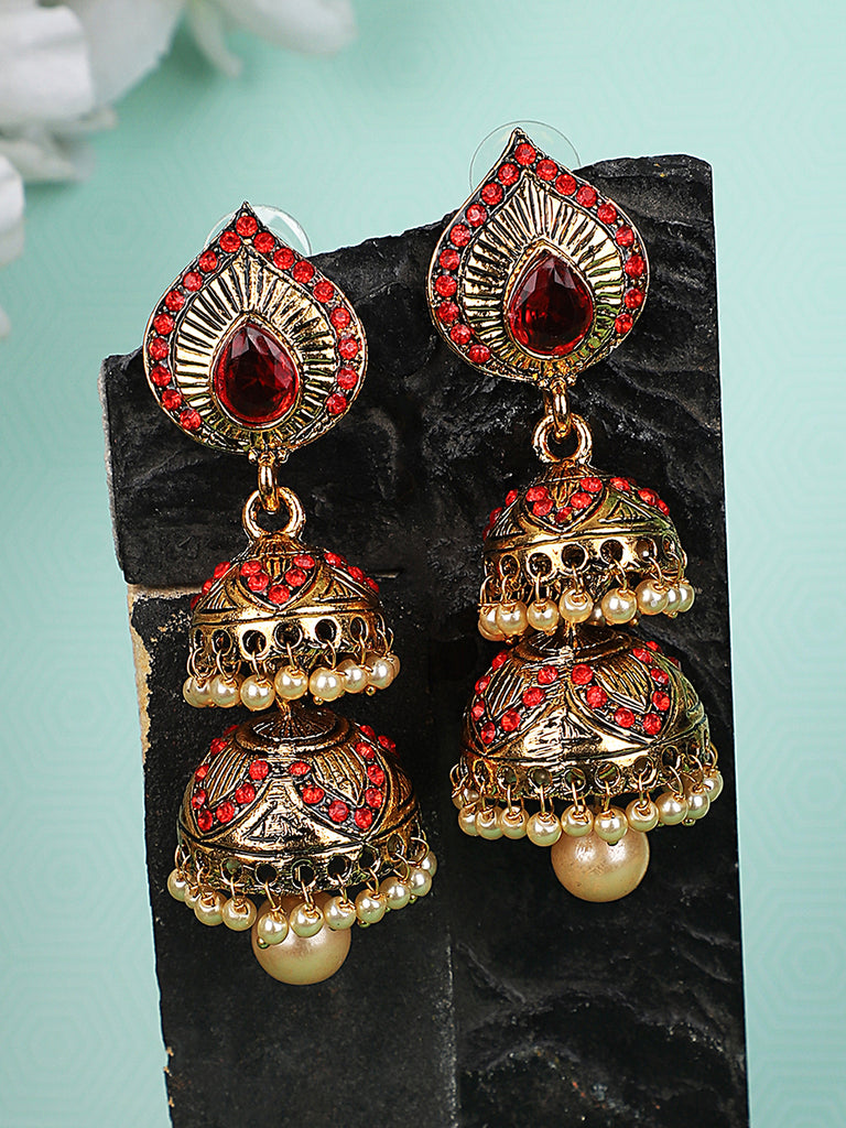 Women's Red Stone Studded & Beaded 2 Floor Dome Shaped Jhumkas