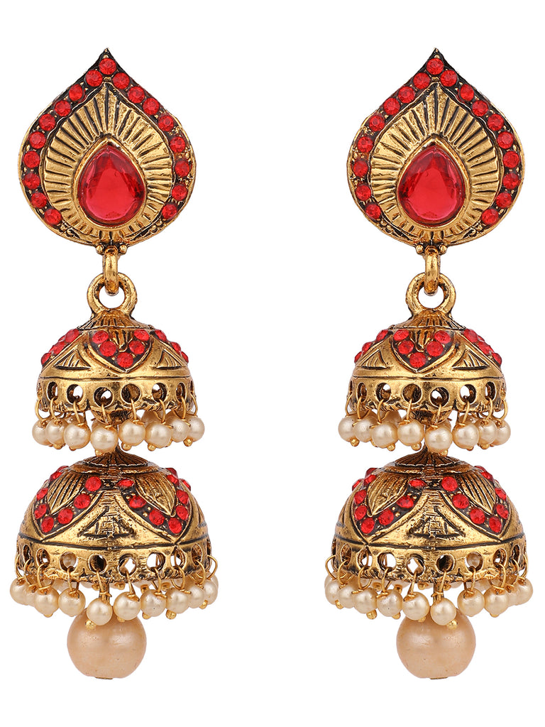 Women's Red Stone Studded & Beaded 2 Floor Dome Shaped Jhumkas
