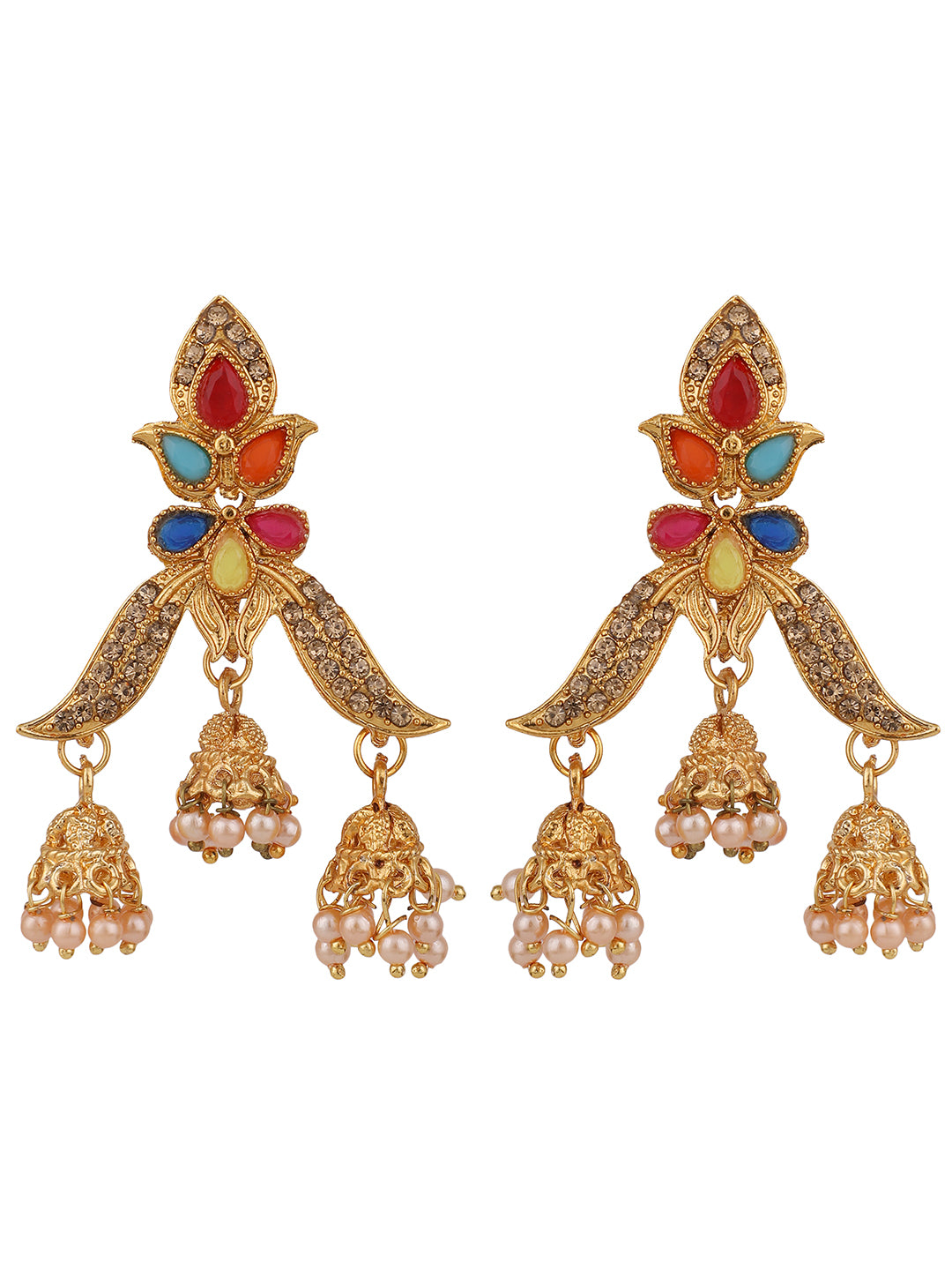 Women's Multicolour Gold Plated Traditional Brass Cubic Zirconia 3 Jhumki Earring - Anikas Creation