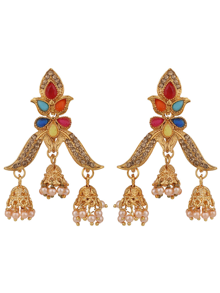 Women's Multicolour Gold Plated Traditional Brass Cubic Zirconia 3 Jhumki Earring