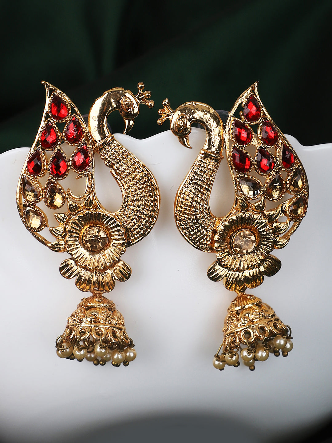 Women's Peacock Shaped Traditional Brass Gold Plated Red Stone Studded Jhumka Earring - Anikas Creation