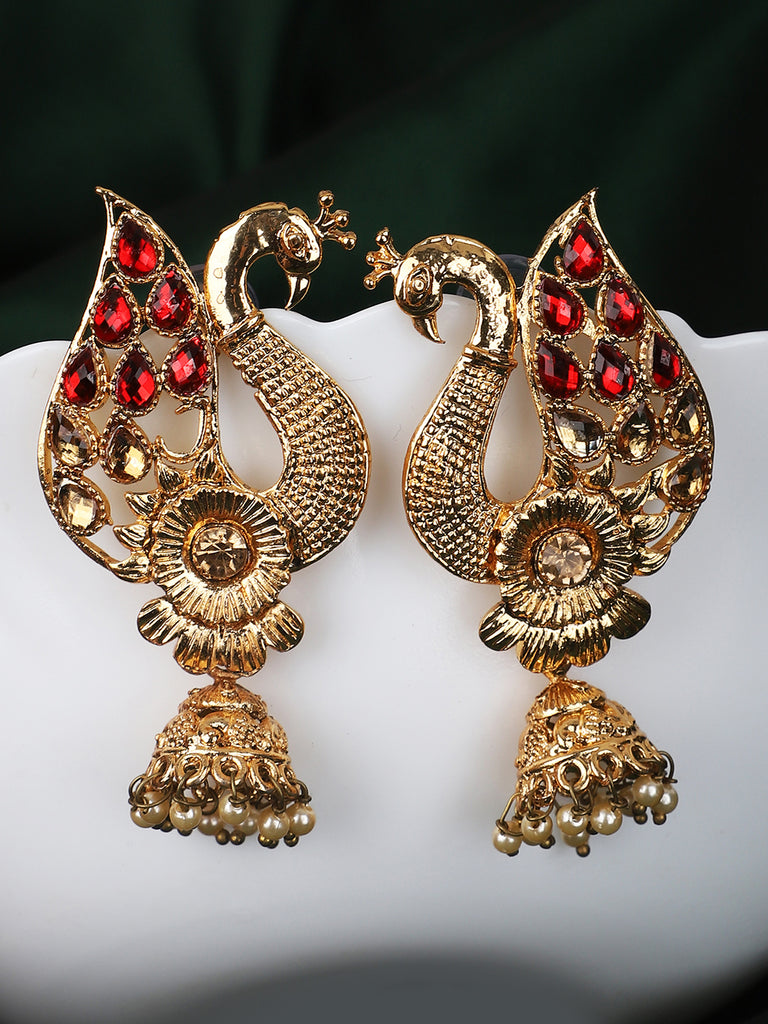 Women's Peacock Shaped Traditional Brass Gold Plated Red Stone Studded Jhumka Earring