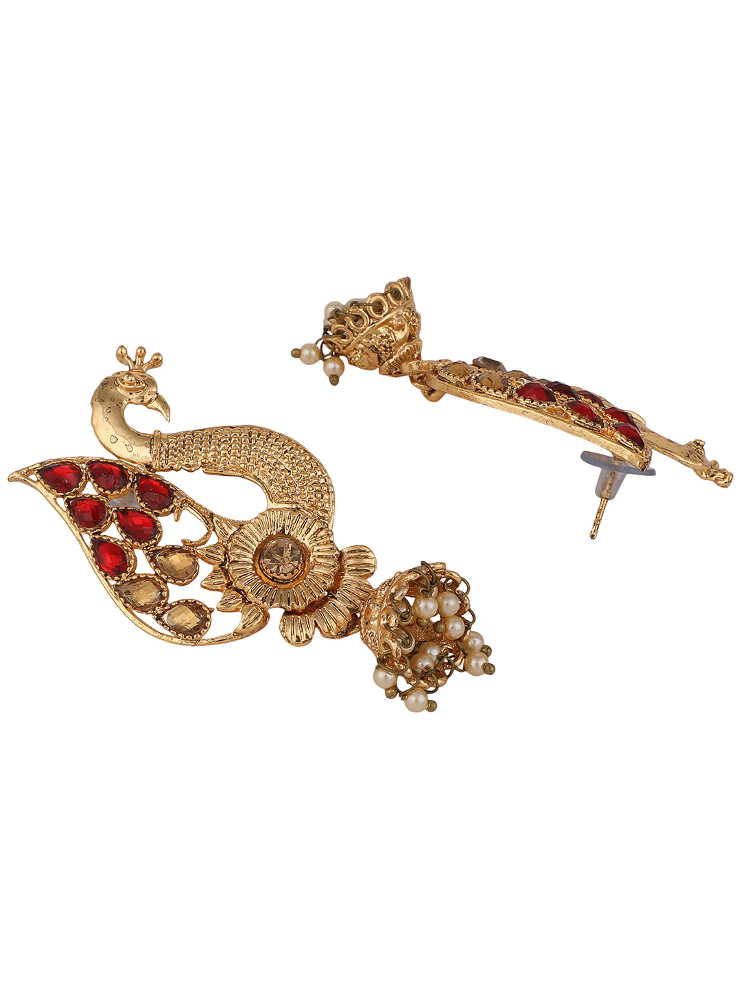 Women's Peacock Shaped Traditional Brass Gold Plated Red Stone Studded Jhumka Earring - Anikas Creation