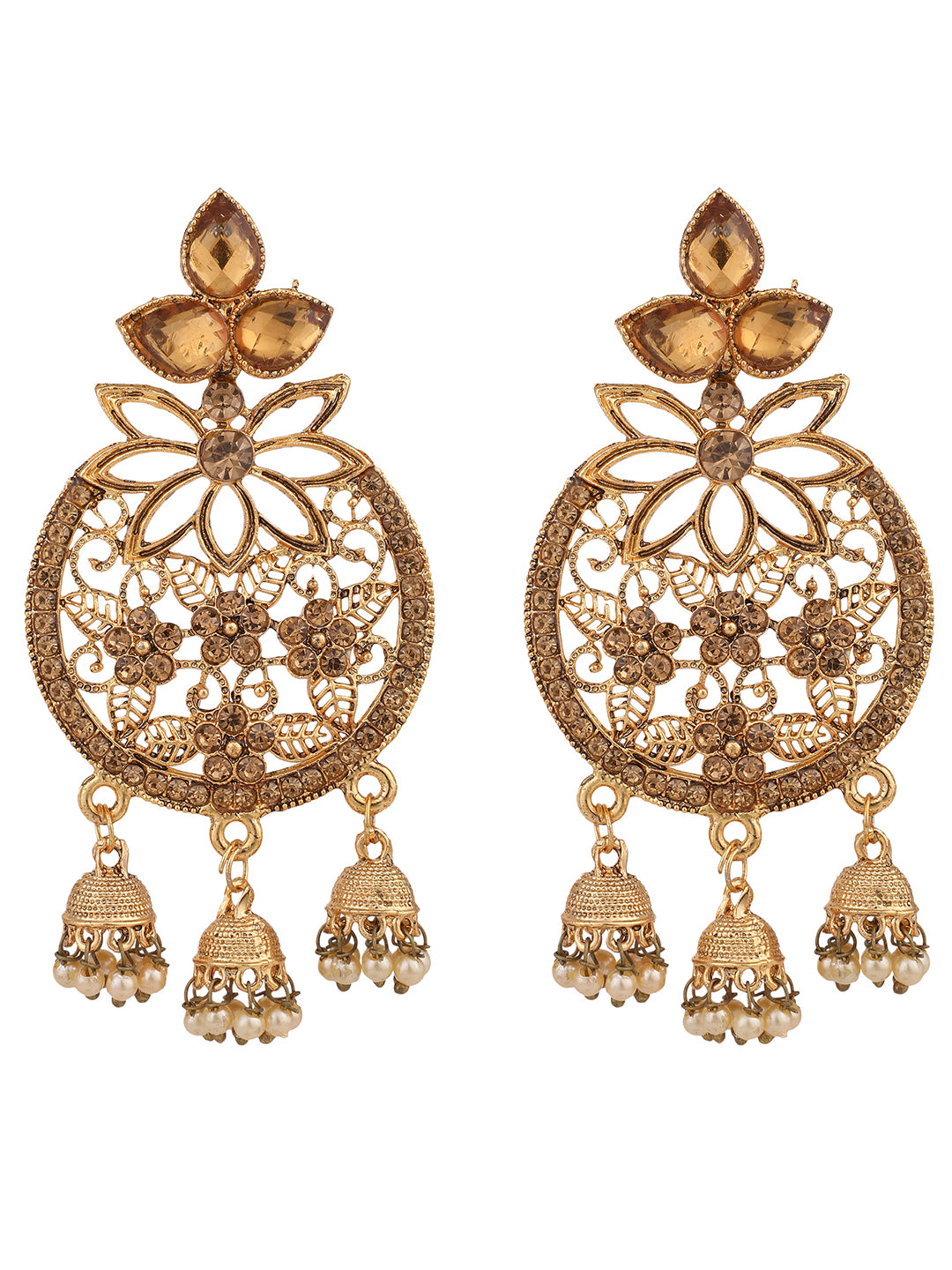 Women's Traditional Gold Plated LCT Cubic Zirconia 3 Jhumki Chandbali Earring - Anikas Creation