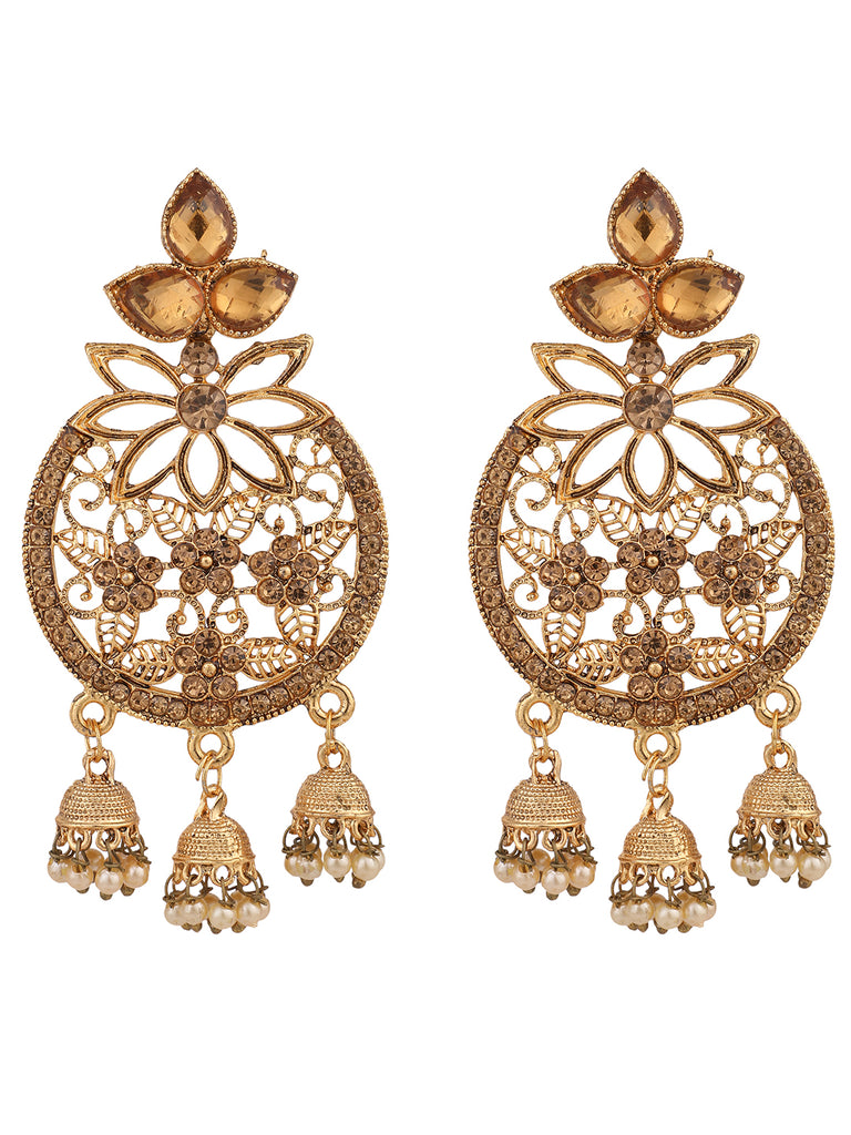 Women's Traditional Gold Plated LCT Cubic Zirconia 3 Jhumki Chandbali Earring