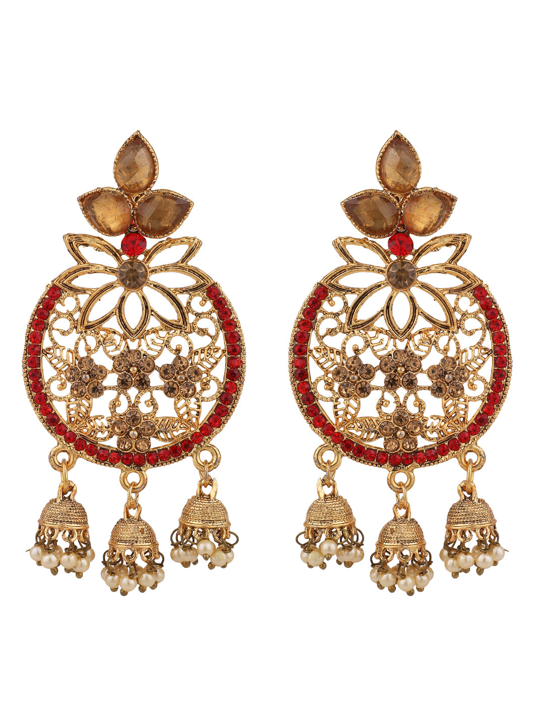 Women's Traditional Gold Plated LCT & RED Cubic Zirconia 3 Jhumki Chandbali Earring - Anikas Creation