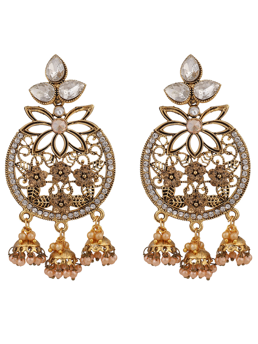 Women's Traditional Gold Plated White Cubic Zirconia 3 Jhumki Chandbali Earring - Anikas Creation