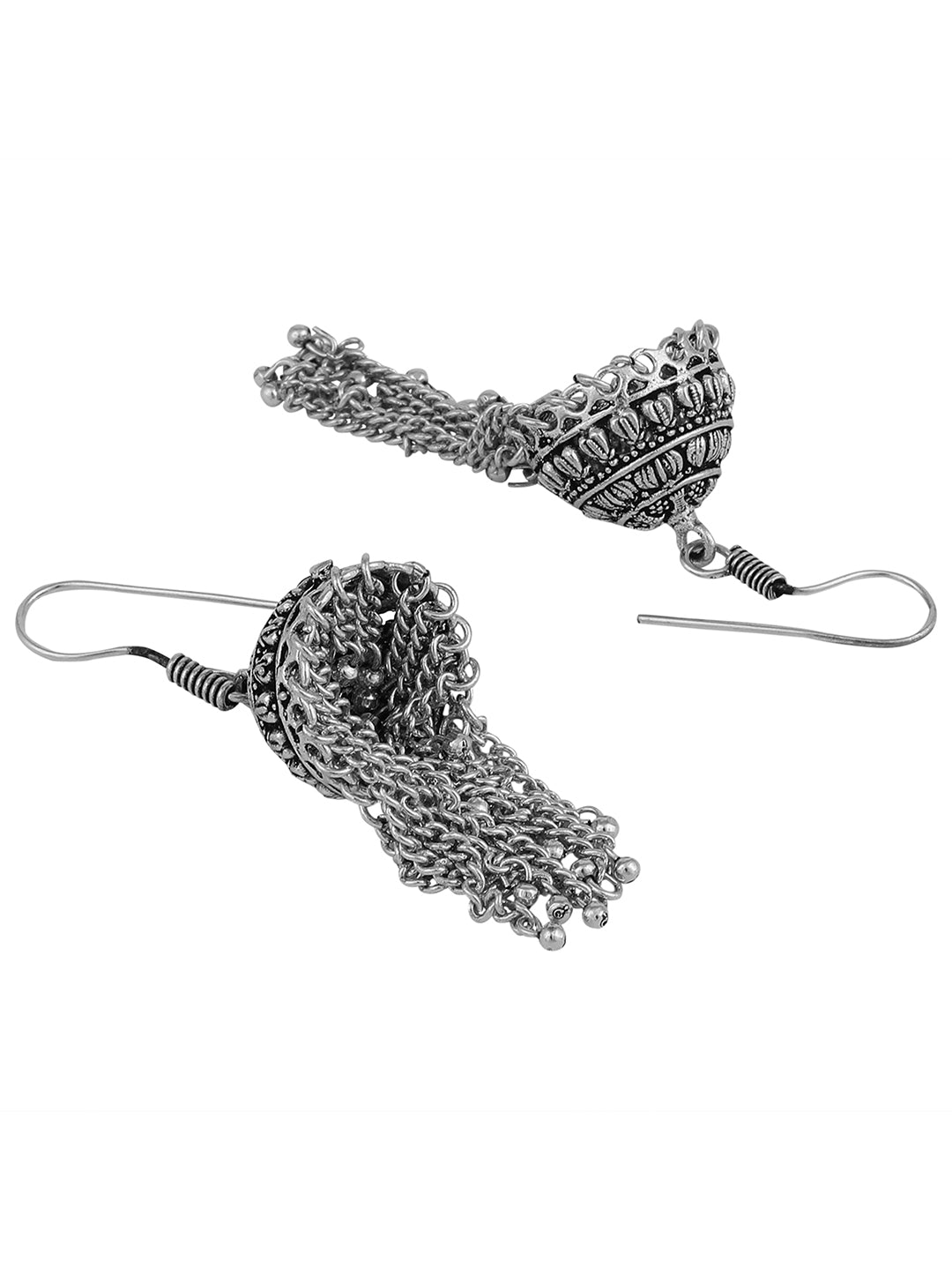 Women's Silver Tone Assemetric Oxidised Taseled Jhumka Earring - Anikas Creation