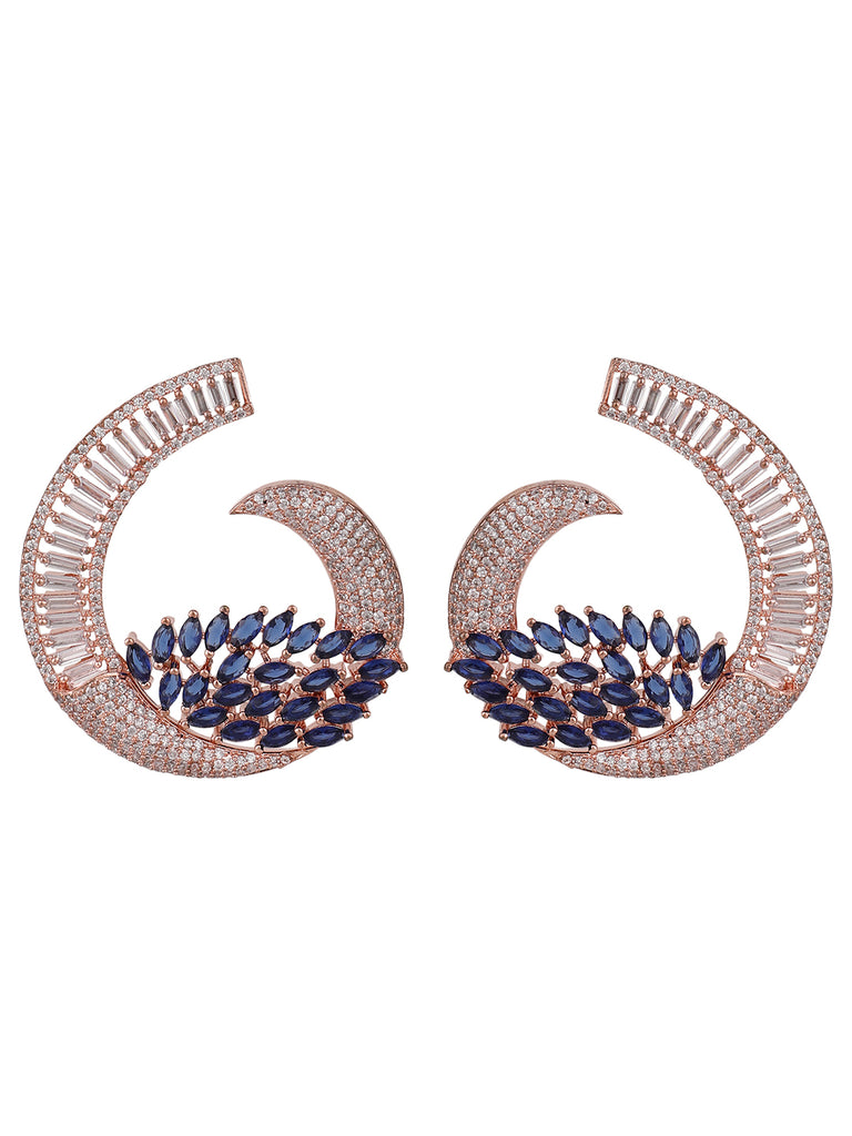 Women's Rose Gold Plated Saphire Blue Stone Brass Cresent shape American Diamond Earring