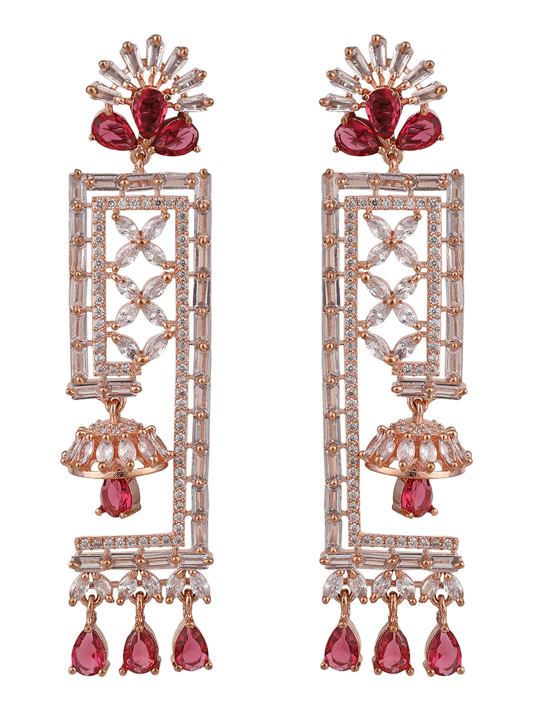Women's Red & White Geometric Shaped Floral Gold Plated American Diamond Earring - Anikas Creation