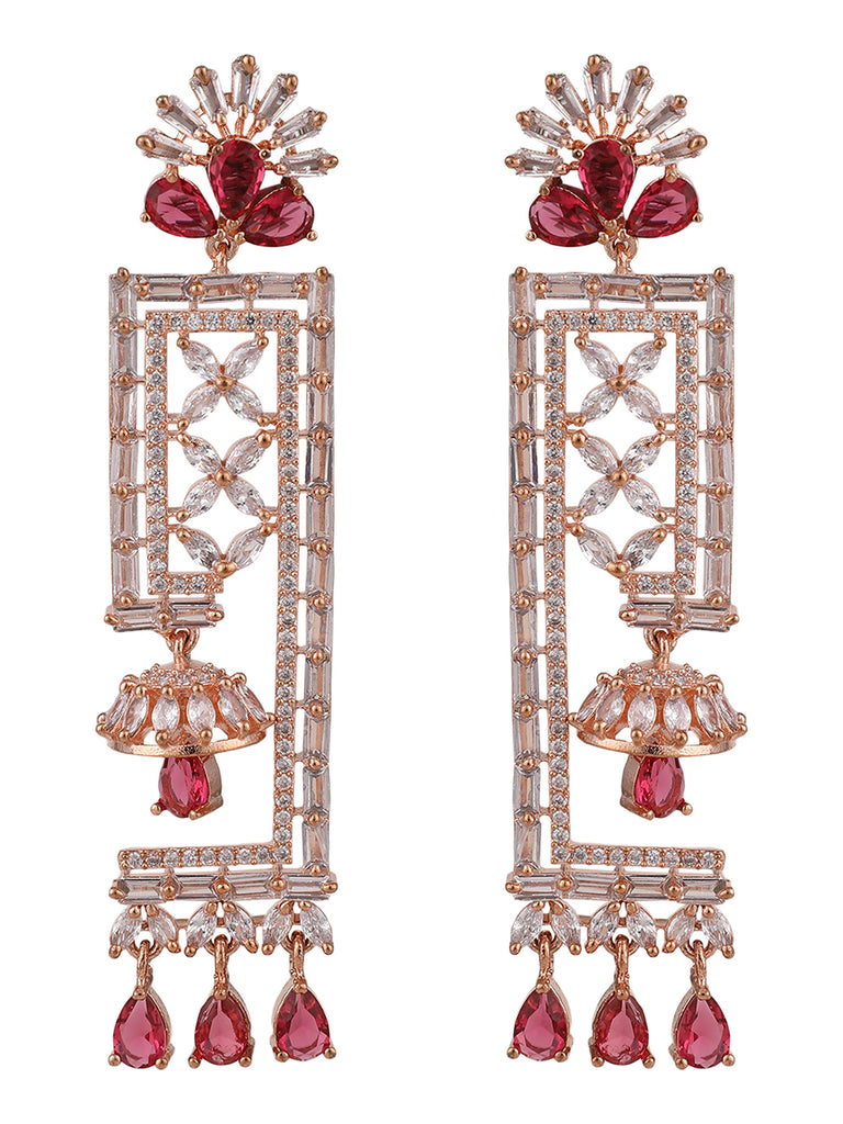 Women's Red & White Geometric Shaped Floral Gold Plated American Diamond Earring