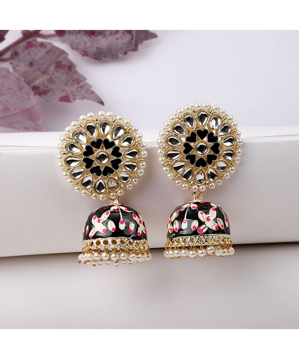 Women's Enameled Black colored Pearl studded Jhumka Earring - MODE MANIA