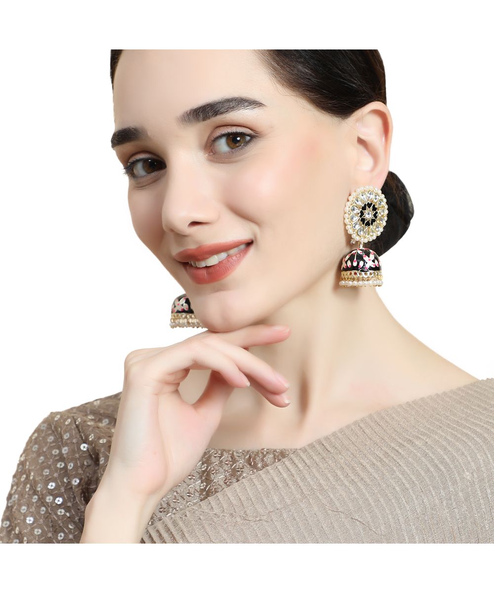 Women's Enameled Black colored Pearl studded Jhumka Earring - MODE MANIA